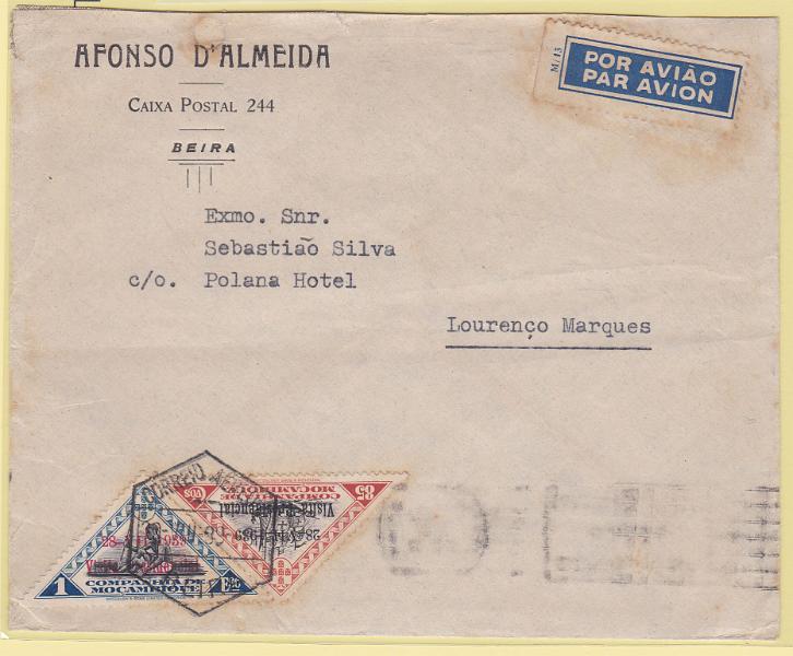 1461.jpg -     Lote:    1461            Companhia de Moçambique       Descrição:         1939 &mdash; Motivos locais, com sobrecarga da "Viagem Presidencial". Sobrescrito circulado da Beira (09.08.39) para L. Marques, com selos de 85C e 1E, CE 195/96.        Carta       Valor Base:     &euro; 15,00     Valor Venda:     Retirado     