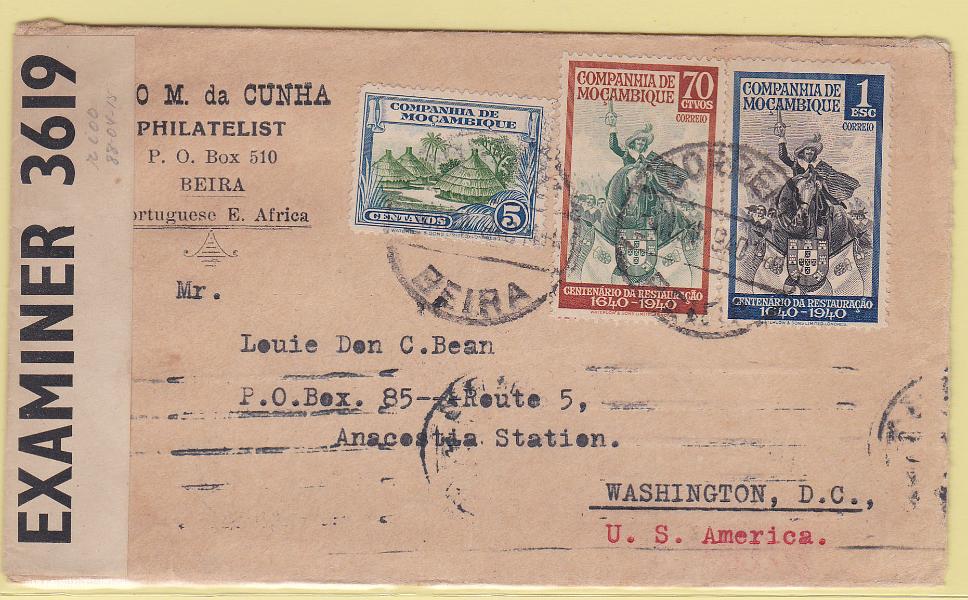 1463.jpg -     Lote:    1463            Companhia de Moçambique       Descrição:         1937/40 &mdash; Motivos diversos + Centenário da Restauração de Portugal. Sobrescrito circulado da Beira (??.11.40) para os EUA, com selo de 5c CE173, 70c CE202 e 1E CE204. Censurado.        Carta       Valor Base:     &euro; 15,00     Valor Venda:     &euro; 15,00       