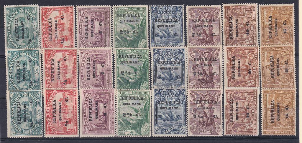1482.jpg -     Lote:    1482            Quelimane       Descrição:         1913 &mdash; 4.º Centenário do Descobrimento do Caminho Marítimo para a Índia, com sobrecarga e sobretaxa, sobre selos de África, Macau e Timor. CE &frac12;4. As três séries completas. Valor de catálogo &euro; 104,00.        **       Valor Base:     &euro; 25,00     Valor Venda:     &euro; 30,00       