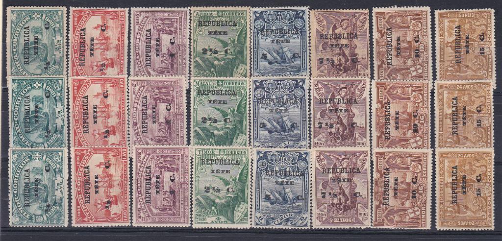 1484.jpg -     Lote:    1484            Tete       Descrição:         1913 &mdash; 4.º Centenário do Descobrimento do Caminho Marítimo para a Índia, com sobrecarga e sobretaxa, sobre selos de África, Macau e Timor. CE &frac12;4. As três séries completas. Valor de catálogo &euro; 104,00.        **       Valor Base:     &euro; 25,00     Valor Venda:     &euro; 25,00       