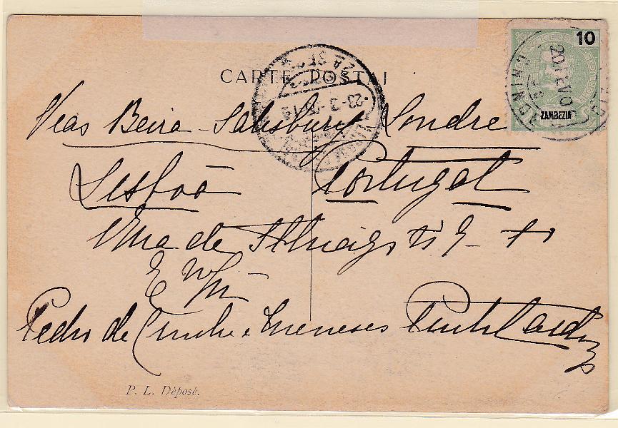 1496.jpg -     Lote:    1496            Zambézia       Descrição:         1898 &mdash; D. Carlos Mouchon. CE16, 10 reis em postal ilustrado circulado do Chinde (20.02.05) para Lisboa (23.03.05).        PI       Valor Base:     &euro; 10,00     Valor Venda:     Retirado     