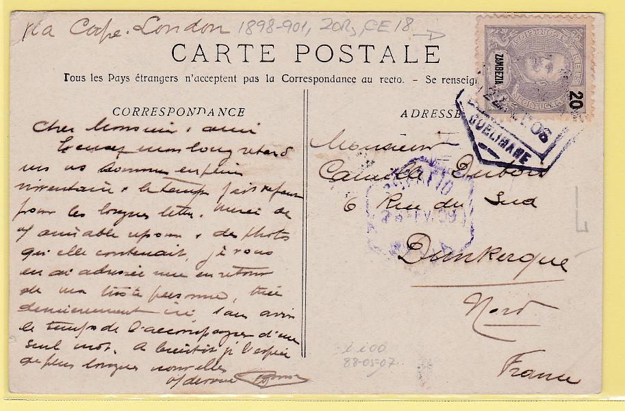 1497.jpg -     Lote:    1497            Zambézia       Descrição:         1898/901 &mdash; D. Carlos I Mouchon. CE18, 20 reis em postal ilustrado circulado de Quelimane (22.02.09) para França, com trânsito pela Beira (26.02.09).        PI       Valor Base:     &euro; 8,00     Valor Venda:     &euro; 10,00       