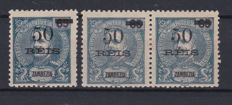 1502.jpg -     Lote:    1502            Zambézia       Descrição:         1905 &mdash; D. Carlos I, com sobretaxa. CE54, 50 s/ 65 reis, azul escuro. Selo isolado + par com um dos selos com a sobrecarga tipo II. Valor de catálogo &euro; 224,00.        **       Valor Base:     &euro; 100,00     Valor Venda:     Retirado     