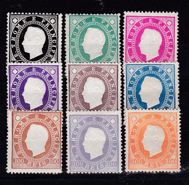 1505.jpg -     Lote:    1505            S. Tomé e Príncipe       Descrição:         1887 &mdash; D. Luís I. Fita direita. CE 15/23. Série completa em denteado 13 &frac12;. Leve sinal de charneira. MB. Valor de catálogo &euro; 190,00.        **       Valor Base:     &euro; 45,00     Valor Venda:     &euro; 45,00       