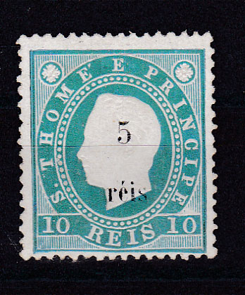 1506.jpg -     Lote:    1506            S. Tomé e Príncipe       Descrição:         1889/91 &mdash; D. Luís I. Fita direita. Com sobretaxa. CE24, 5 s/ 10 reis verde. Valor de catálogo &euro; 85,00.        *       Valor Base:     &euro; 20,00     Valor Venda:     &euro; 20,00       