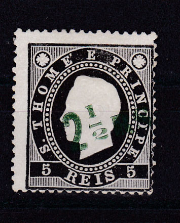 1509.jpg -     Lote:    1509            S. Tomé e Príncipe       Descrição:         1892 &mdash; D. Luís I. Fita direita. Com sobretaxa. CE27, 2 &frac12; reis s/ 5 reis. Sobrecarga tipo 1 em verde, denteado 13 &frac12;. Valor de catálogo &euro; 110,00.        *       Valor Base:     &euro; 25,00     Valor Venda:     Retirado     