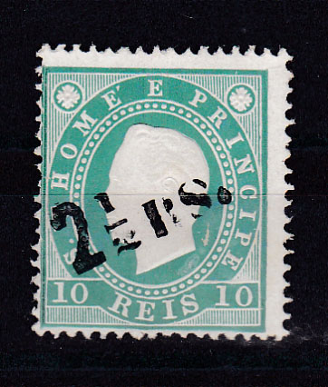 1510.jpg -     Lote:    1510            S. Tomé e Príncipe       Descrição:         1892 &mdash; D. Luís I. Fita direita. Com sobretaxa. CE28, 2 &frac12; reis s/ 10 reis. Sobrecarga tipo 1 em preto, denteado 13 &frac12;. Valor de catálogo &euro; 150,00.        *       Valor Base:     &euro; 35,00     Valor Venda:     &euro; 60,00       