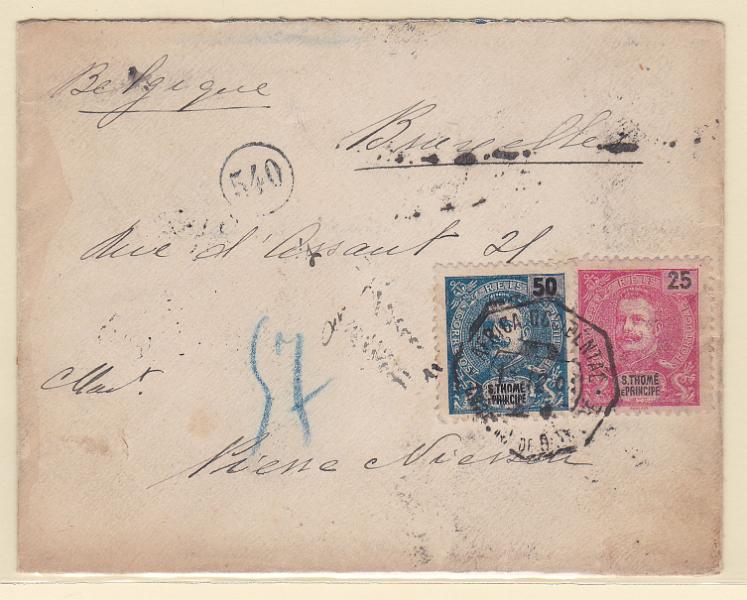1513.jpg -     Lote:    1513            S. Tomé e Príncipe       Descrição:         1898/1903 &mdash; D. Carlos I Mouchon. Sobrescrito circulado registado de S. Tomé (01.12.04) para a Bélgica, com trânsito por Lisboa (15.12.04), com selos de 5 reis CE44, 2x50 reis CE48 e 25 reis CE88. MB e R.        Carta       Valor Base:     &euro; 60,00     Valor Venda:     Retirado     