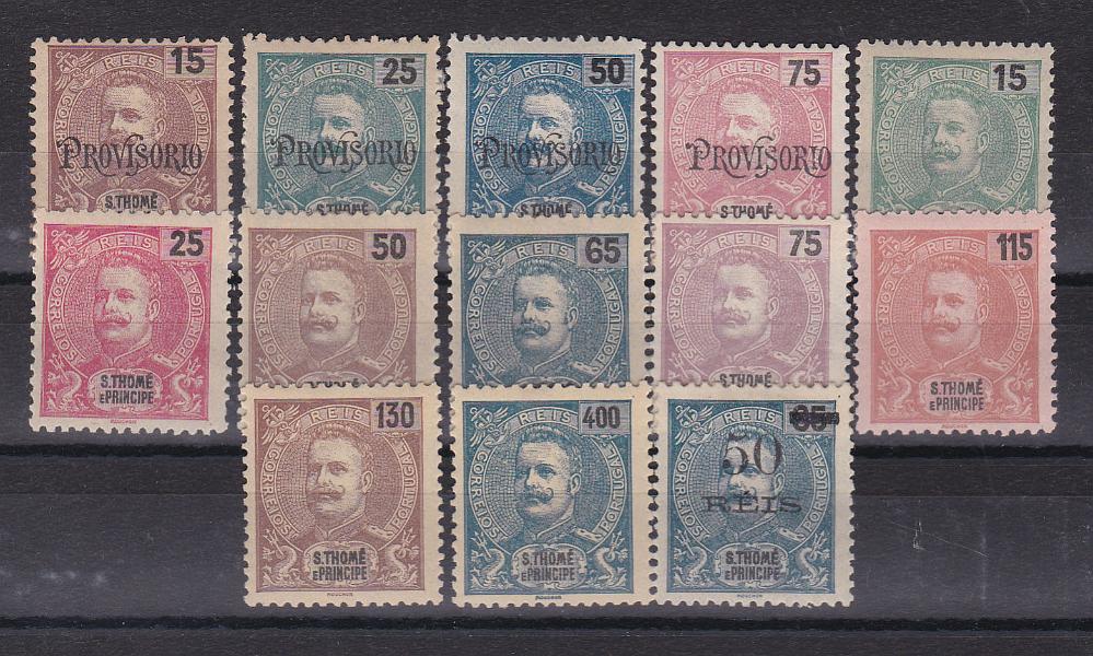 1518.jpg -     Lote:    1518            S. Tomé e Príncipe       Descrição:         1903/05 &mdash; D. Carlos I com sobrecarga PROVISORIO + D. Carlos I. Novas cores e valores + D. Carlos I com sobretaxa. CE 83/86 + CE 87/94 + CE95. As três séries completas. Selo CE83 com vestígios de óxido e CE86 com goma não original. Valor de catálogo &euro; 160,00        **       Valor Base:     &euro; 25,00     Valor Venda:     Retirado     