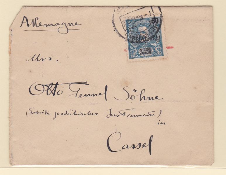 1519.jpg -     Lote:    1519            S. Tomé e Príncipe       Descrição:         1903 &mdash; D. Carlos I, com sobrecarga PROVISORIO. CE85, 50 reis em sobrescrito circulado de S. Tomé (07.03.05) para Cassel / Alemanha (16.03.05).        Carta       Valor Base:     &euro; 30,00     Valor Venda:     &euro; 30,00       