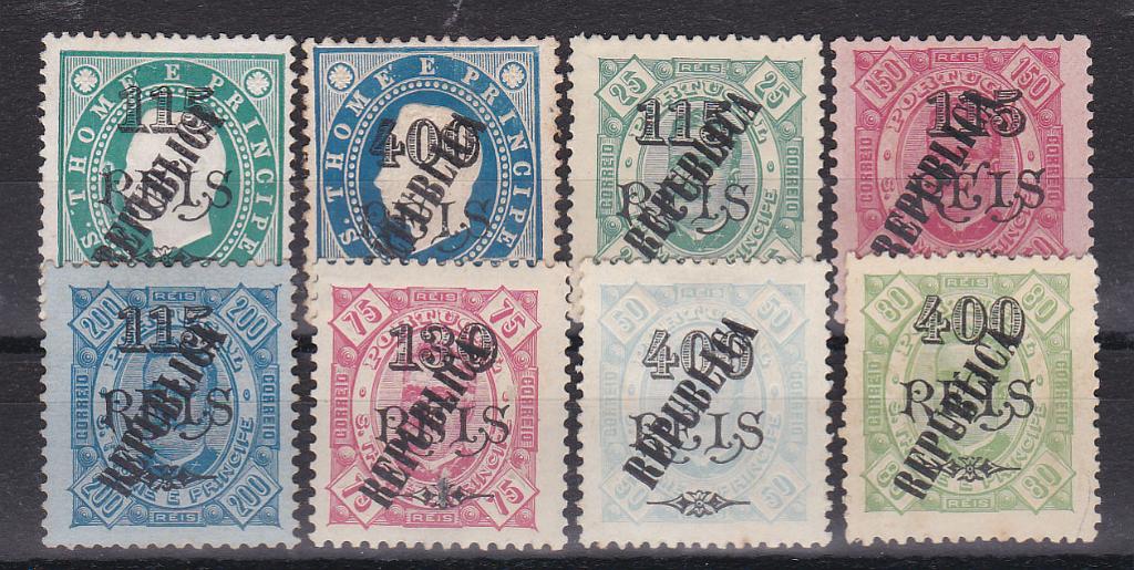 1521.jpg -     Lote:    1521            S. Tomé e Príncipe       Descrição:         1913 &mdash; D. Luís I fita direita e D. Carlos I, com sobretaxa. Tipografadas localmente. CE 129/136. Série completa. Lote a ver. Valor de catálogo &euro; 330,00.        *       Valor Base:     &euro; 75,00     Valor Venda:     Retirado     