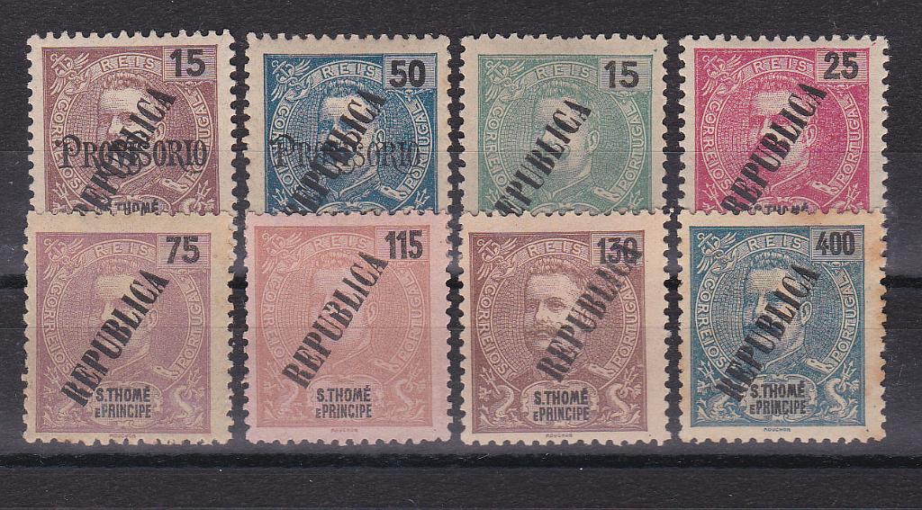 1522.jpg -     Lote:    1522            S. Tomé e Príncipe       Descrição:         1913 &mdash; D. Carlos I Mouchon, com sobrecarga REPUBLICA tipografada localmente, sobre selos de 1903. CE 137/38 + CE 139/144. Séries completas. Selo CE144 com vestígios de óxido. Lote a ver. Valor de catálogo &euro; 186,00.        **       Valor Base:     &euro; 35,00     Valor Venda:     &euro; 35,00       