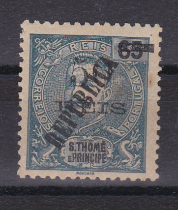 1523.jpg -     Lote:    1523            S. Tomé e Príncipe       Descrição:         1913 &mdash; D. Carlos I Mouchon, com sobretaxa e com sobrecarga REPUBLICA tipografada localmente. CE 145, 50 s/ 65 reis, com fenda tipo I. Valor de catálogo &euro; 100,00.        **       Valor Base:     &euro; 25,00     Valor Venda:     &euro; 32,00       