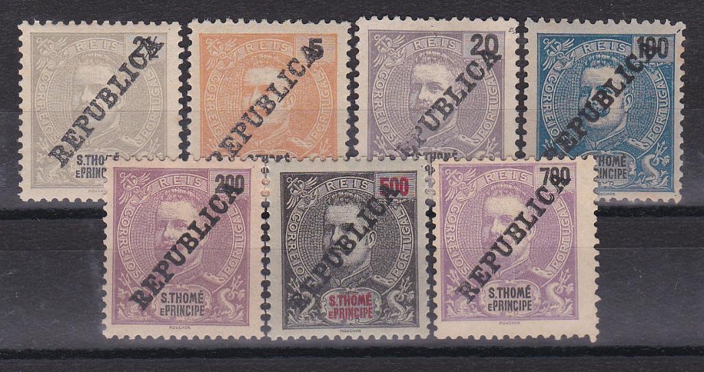 1524.jpg -     Lote:    1524            S. Tomé e Príncipe       Descrição:         1913 &mdash; D. Carlos I Mouchon, com sobrecarga REPUBLICA zincogravada localmente. CE 146/152. Série completa. Valor de catálogo &euro; 294,00.        *       Valor Base:     &euro; 75,00     Valor Venda:     Retirado     