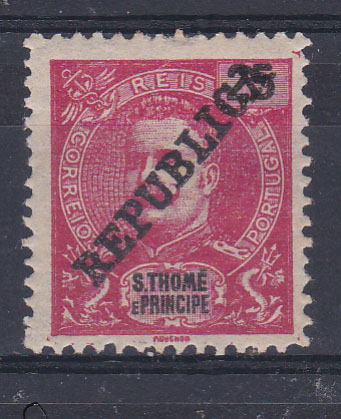 1529.jpg -     Lote:    1529            S. Tomé e Príncipe       Descrição:         1912 &mdash; D. Carlos I Mouchon, com sobrecarga REPUBLICA tipografada localmente. CE169, 25 reis carmim. Valor de catálogo &euro; 75,00.        **       Valor Base:     &euro; 15,00     Valor Venda:     &euro; 18,00       