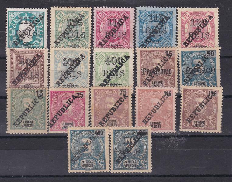 1530.jpg -     Lote:    1530            S. Tomé e Príncipe       Descrição:         1913 &mdash; D. Luís I, fita direita + D. Carlos I + D. Carlos Mouchon com sobrecarga PROVISÓRIO + D. Carlos I Mouchon + D. Carlos I com sobretaxa. Todos com sobrecarga REPUBLICA zincogravada. CE 154, 158/61, 163/174. Valor de catálogo &euro; 243,00.        *       Valor Base:     &euro; 55,00     Valor Venda:     Retirado     