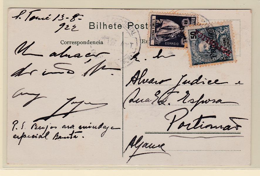 1531.jpg -     Lote:    1531            S. Tomé e Príncipe       Descrição:         1914/15 &mdash; Ceres + D. Carlos I Mouchon, com sobrecarga PROVISÓRIO e REPUBLICA da Casa da Moeda. Postal ilustrado circulado de S. Tomé (13.09.22) para Portimão (01.10.22) com selo de 8C CE207 e 50 reis CE225. R.        PI       Valor Base:     &euro; 40,00     Valor Venda:     Retirado     