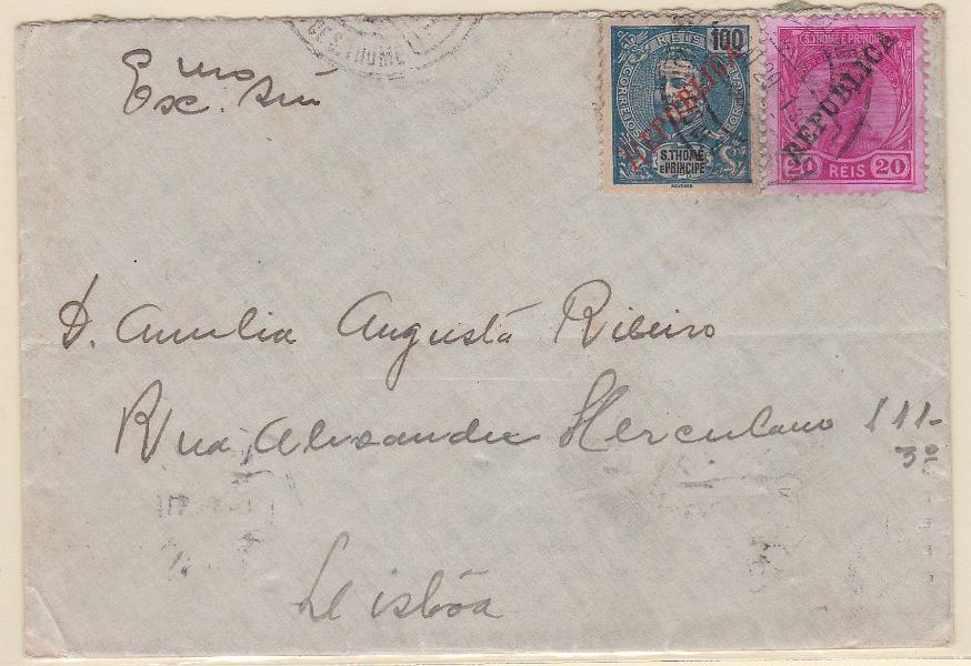 1532.jpg -     Lote:    1532            S. Tomé e Príncipe       Descrição:         1912/20 &mdash; D. Manuel II, com sobrecarga REPUBLICA + D. Carlos I Mouchon com sobrecarga REPUBLICA local. Sobrescrito circulado de S. Tomé (26.05.20) para Lisboa (11.06.20) com selos de 20 reis CE114 e 100 reis CE236. B e R.        Carta       Valor Base:     &euro; 75,00     Valor Venda:     Retirado     