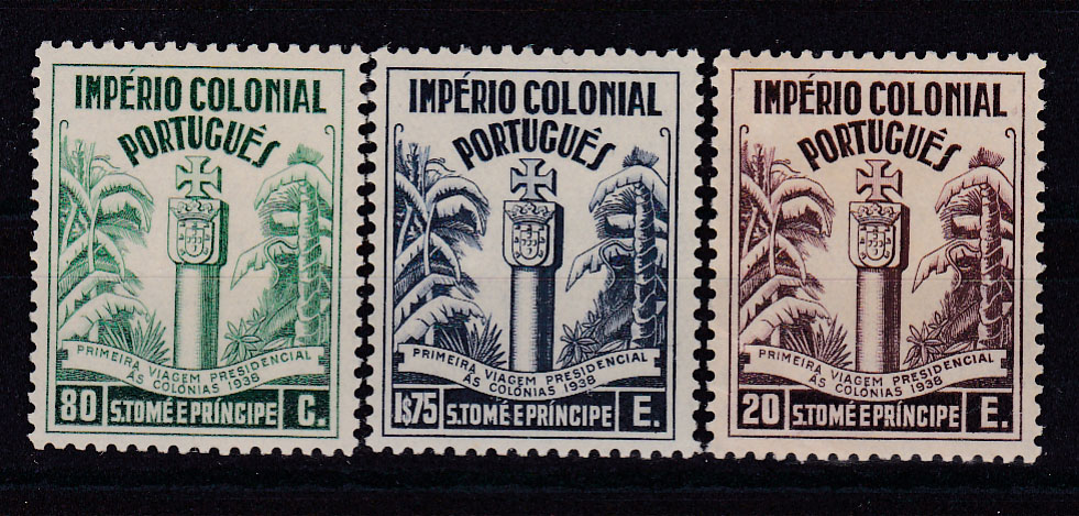 1537.jpg -     Lote:    1537            S. Tomé e Príncipe       Descrição:         1938 &mdash; Primeira Viagem Presidencial às Colónias. CE 316/318. Série completa. Valor de catálogo &euro; 160,00.        ***       Valor Base:     &euro; 25,00     Valor Venda:     &euro; 26,00       
