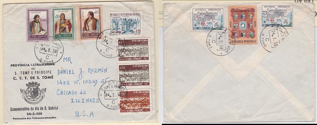 1539.jpg -     Lote:    1539            S. Tomé e Príncipe       Descrição:         1952/54 &mdash; Congresso de Medicina Tropical + Navegadores + Arte Sacra Missionária + Centenário do Selo Postal Português + Viagem Presidencial. Sobrescrito circulado de S. Tomé (24.03.58) com selos CE352, 353, 354, 357, 359 (par), 360, 362 e 363 (x2).        Carta       Valor Base:     &euro; 14,00     Valor Venda:     Retirado     