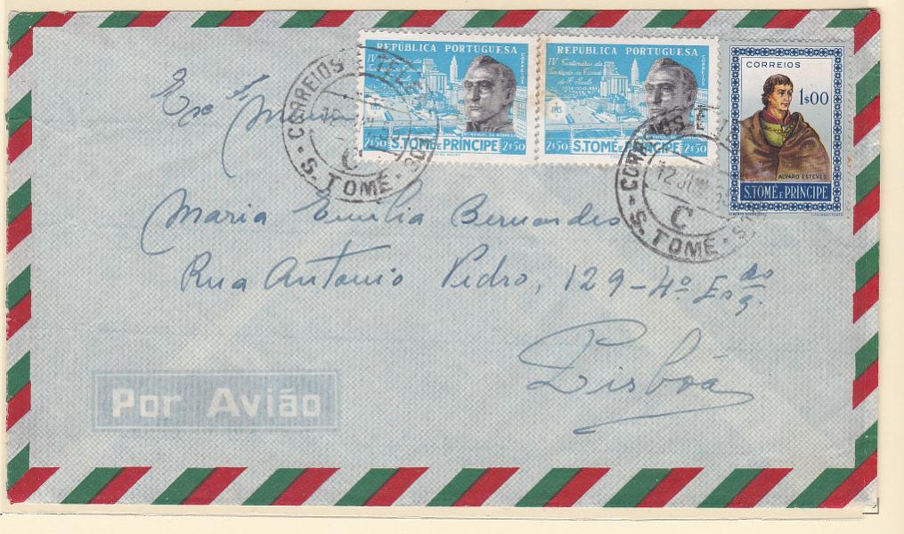 1540.jpg -     Lote:    1540            S. Tomé e Príncipe       Descrição:         1952/54 &mdash; Fundação da Cidade de S. Paulo + Navegadores. Sobrescrito circulado de S. Tomé (12.06.55) para Lisboa com selo de 1$00 CE356 + dois selos de 2$50 CE365.        Carta       Valor Base:     &euro; 10,00     Valor Venda:     Retirado     