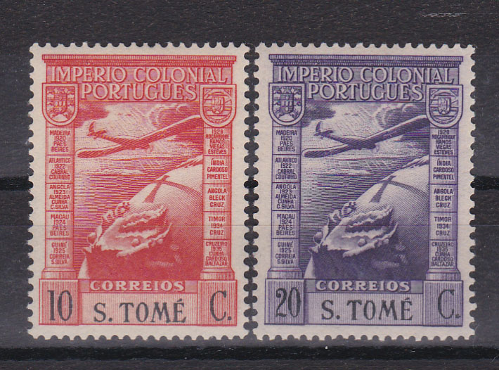 1542.jpg -     Lote:    1542            S. Tomé e Príncipe       Descrição:         1938 &mdash; Correio Aéreo. Império Colonial Português. Legenda "S. TOMÉ". CE CA 1, 10C com sinal de charneira e CA2 20C sem sinal de charneira. Valor de catálogo &euro; 254,00..        ***/**       Valor Base:     &euro; 50,00     Valor Venda:     Retirado     