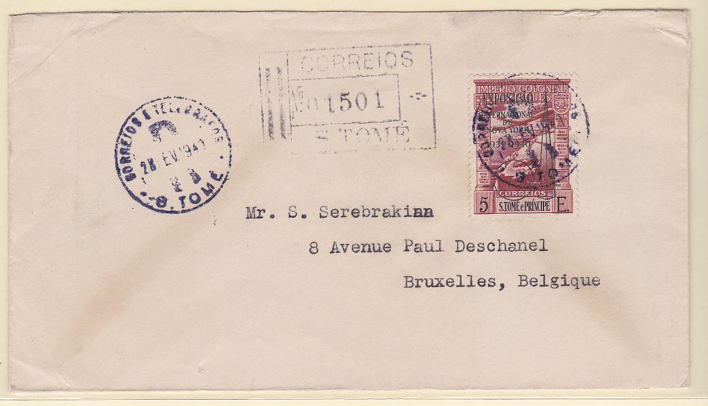 1545.jpg -     Lote:    1545            S. Tomé e Príncipe       Descrição:         1939 &mdash; Correio Aéreo. Império Colonial Português, com sobrecarga EPOSIÇÃO INTERNACIONAL DE NOVA YORK 1939-1940". CE CA16A, 5$00 em sobrescrito circulado registado de S. Tomé (28.02.40) para Bruxelas (, com trânsito por Lisboa (20.03.40). B e R.        Carta       Valor Base:     &euro; 250,00     Valor Venda:     &euro; 420,00       