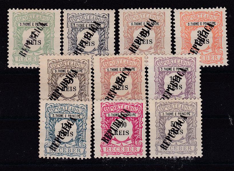 1547.jpg -     Lote:    1547            S. Tomé e Príncipe       Descrição:         1913 &mdash; Porteado. Emissão regular, com sobrecarga REPUBLICA tipografada localmente. CE POR 21/30. Série completa. Valor de catálogo &euro; 260,00.        *       Valor Base:     &euro; 60,00     Valor Venda:     &euro; 120,00       