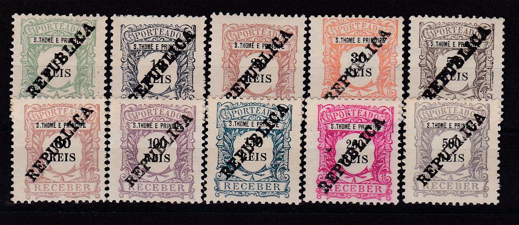 1548.jpg -     Lote:    1548            S. Tomé e Príncipe       Descrição:         1913 &mdash; Porteado. Emissão regular em reis, com sobrecarga REPUBLICA zincogravada localmente. CE POR 3&frac14;0. Valor de catálogo &euro; 116,00.        *       Valor Base:     &euro; 25,00     Valor Venda:     &euro; 42,00       