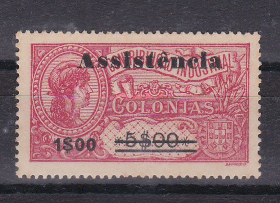 1550.jpg -     Lote:    1550            S. Tomé e Príncipe       Descrição:         1946 &mdash; Imposto Postal. ASSISTÊNCIA. Selos fiscais de África, com sobretaxa. CE IP7, 1$00 s/ 5$00 carmim, tipo I. Valor de catálogo &euro; 70,00.        *       Valor Base:     &euro; 20,00     Valor Venda:     &euro; 22,00       