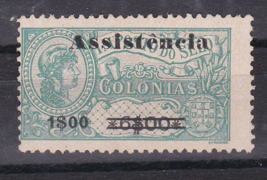 1551.jpg -     Lote:    1551            S. Tomé e Príncipe       Descrição:         1946 &mdash; Imposto Postal. ASSISTÊNCIA. Selos fiscais de África, com sobretaxa. CE IP8, 1$00 s/ 6$00 verde, tipo I. em papel esmalte. Valor de catálogo &euro; 60,00.        *       Valor Base:     &euro; 18,00     Valor Venda:     Retirado     
