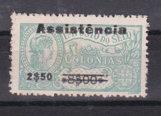 1553.jpg -     Lote:    1553            S. Tomé e Príncipe       Descrição:         1946 &mdash; Imposto Postal. ASSISTÊNCIA. Selos fiscais de África, com sobretaxa. CE IP14, 2$50 s/ 8$00 verde, tipo II. em papel esmalte. Valor de catálogo &euro; 90,00.        *       Valor Base:     &euro; 25,00     Valor Venda:     &euro; 110,00       