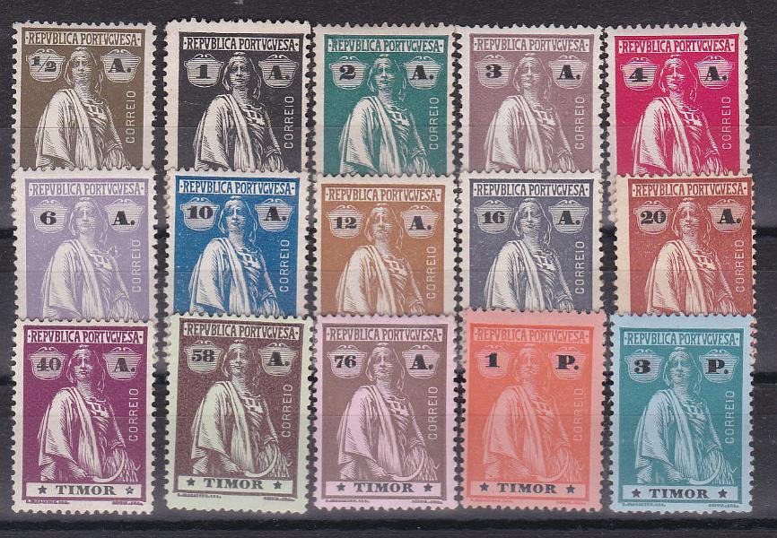 1566.jpg -     Lote:    1566            Timor       Descrição:         1914 &mdash; Ceres. CE 162/176. Série completa, em denteado 15x14, papel porcelana. Selo 1 avo com vestígios de óxido e 20 avos sem goma. Fechos de série MB. Valor de catálogo &euro; 210,00.        **       Valor Base:     &euro; 40,00     Valor Venda:     Retirado     