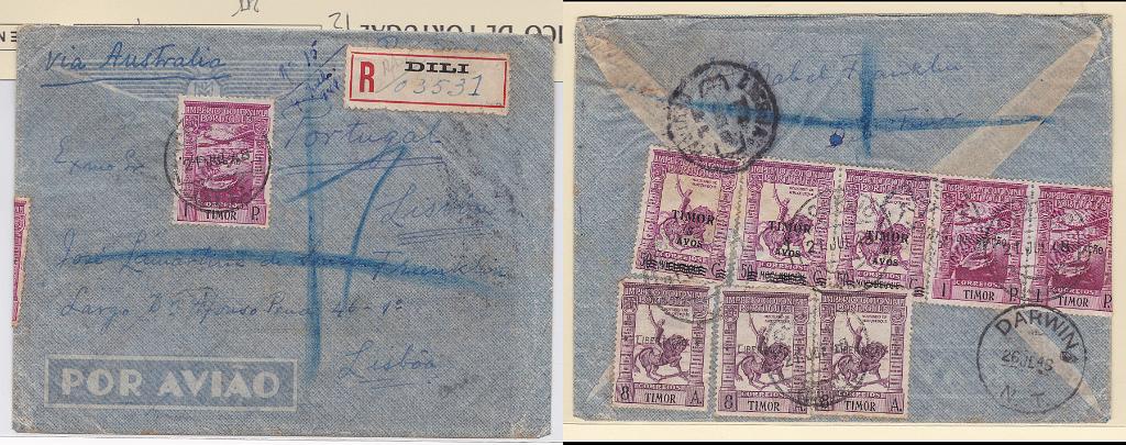 1574.jpg -     Lote:    1574            Timor       Descrição:         1946/47 &mdash; Império Colonial Português de Moçambique com sobretaxa + Império Colonial Português com sobrecarga "LIBERTAÇAO". Sobrescrito circulado registado de Dili (21.07.48) para Lisboa (, com trânsito por Darwin (26.07.48) com 3 selos de 8 avos s/ 50C CE246 + 3 selos de 8 avos CE255 + 3 selos de 1P CE CA23.        Carta       Valor Base:     &euro; 150,00     Valor Venda:     &euro; 160,00       