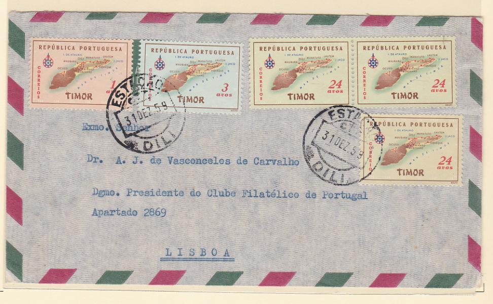 1580.jpg -     Lote:    1580            Timor       Descrição:         1956 &mdash; Carta Geográfica de Timor. Sobrescrito circulado de Dili (31.12.59) para Lisboa, com selos de 1 avo, 3 avos e 3 selos de 24 avos CE295, 296 e 298. MB.        Carta       Valor Base:     &euro; 12,00     Valor Venda:     Retirado     
