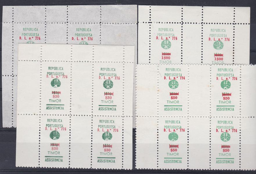1587.jpg -     Lote:    1587            Timor       Descrição:         1969 &mdash; Imposto Postal * ASSISTENCIA, com sobretaxa. CE IP 18/20. Série completa em quadras + quadra CE IP19 50 s/ 1$30 em papel fino. Valor de catálogo &euro; 640,00.        *       Valor Base:     &euro; 40,00     Valor Venda:     Retirado     