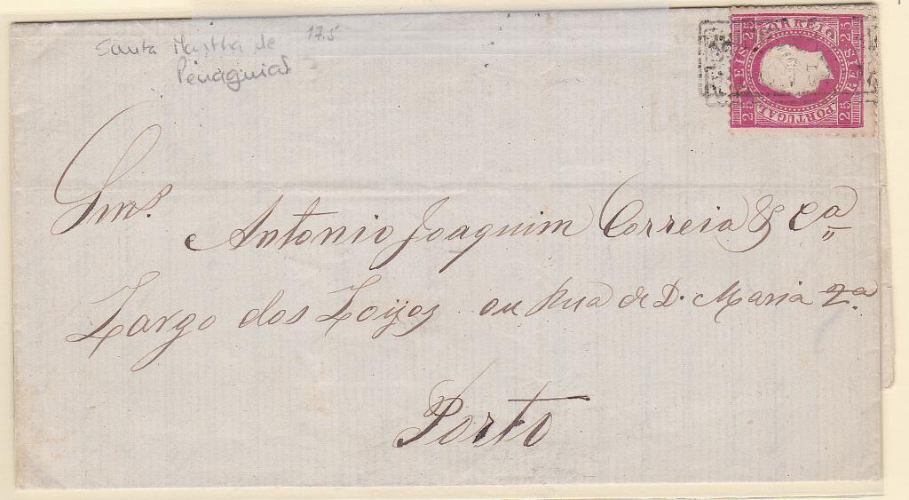 1609.jpg -     Lote:    1609            Portugal       Descrição:         Carimbos nominativos. 1870 &mdash; D. Luís I. Fita direita. CE40, 25 reis, denteado 12 &frac12;, papel liso, em carta circulada de Santa Marta (21.04.79) para o Porto. Carimbo a preto "SANTA MARTA DE / PENAGUIÃO".        Carta       Valor Base:     &euro; 20,00     Valor Venda:     Retirado     
