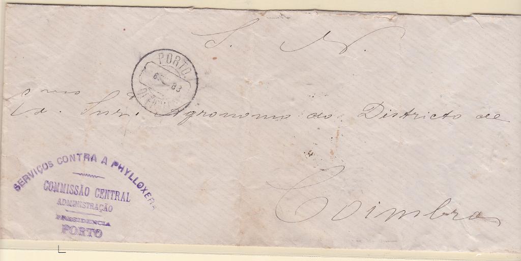 1613.jpg -     Lote:    1613            Portugal       Descrição:         Carimbos circulares datados, tipo 1880. Carta circulada isenta de franquia do Porto (06.02.83) para Coimbra (06.03.83). Carimbo batido a preto "PORTO / OFFICIAL".        Carta       Valor Base:     &euro; 100,00     Valor Venda:     Retirado     