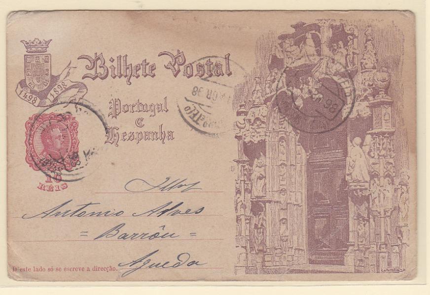 1617.jpg -     Lote:    1617            Portugal       Descrição:         Carimbos circulares datados, tipo 1880. 1898 &mdash; 4.º Centenário do Descobrimento do Caminho Marítimo para a Índia. OM29G, 10 reis circulado de Carrascos (10.04.98) para Águeda. Carimbo batido a preto "CARRASCOS (T. NOVAS)".        IC       Valor Base:     &euro; 10,00     Valor Venda:     &euro; 16,00       