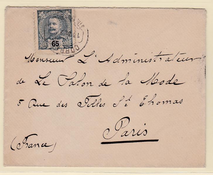 1619.jpg -     Lote:    1619            Portugal       Descrição:         Carimbos circulares datados, tipo 1880. 1898 &mdash; D. Carlos I Mouchon. CE143, 65 reis em sobrescrito circulado de S. Tiago de Negrelos (18.12.02) para Paris (22.12.02). Carimbo a preto "S THIAGO DE NEGRELLOS".        Carta       Valor Base:     &euro; 15,00     Valor Venda:     Retirado     