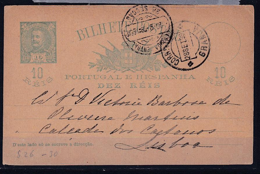 1621.jpg -     Lote:    1621            Portugal       Descrição:         Carimbos circulares datados, tipo 1880. 1896 &mdash; D. Carlos I Mouchon. OM23, 10 reis circulado de Granja (28.09.99) para Lisboa. Carimbo a preto de "GRANJA".        IC       Valor Base:     &euro; 6,00     Valor Venda:     &euro; 10,00       