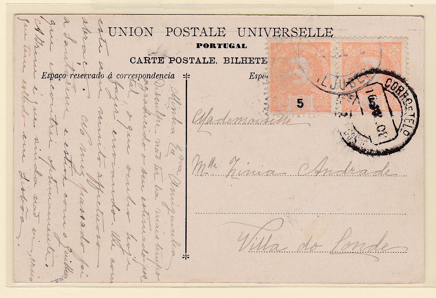1622.jpg -     Lote:    1622            Portugal       Descrição:         Carimbos circulares datados, tipo 1880. 1895 &mdash; D. Carlos I Mouchon. CE127, 5 reis. Par em postal circulado de Aljuber (08.01.07) para Vila do Conde. Carimbo a preto ALJUBER.        PI       Valor Base:     &euro; 12,00     Valor Venda:     Retirado     