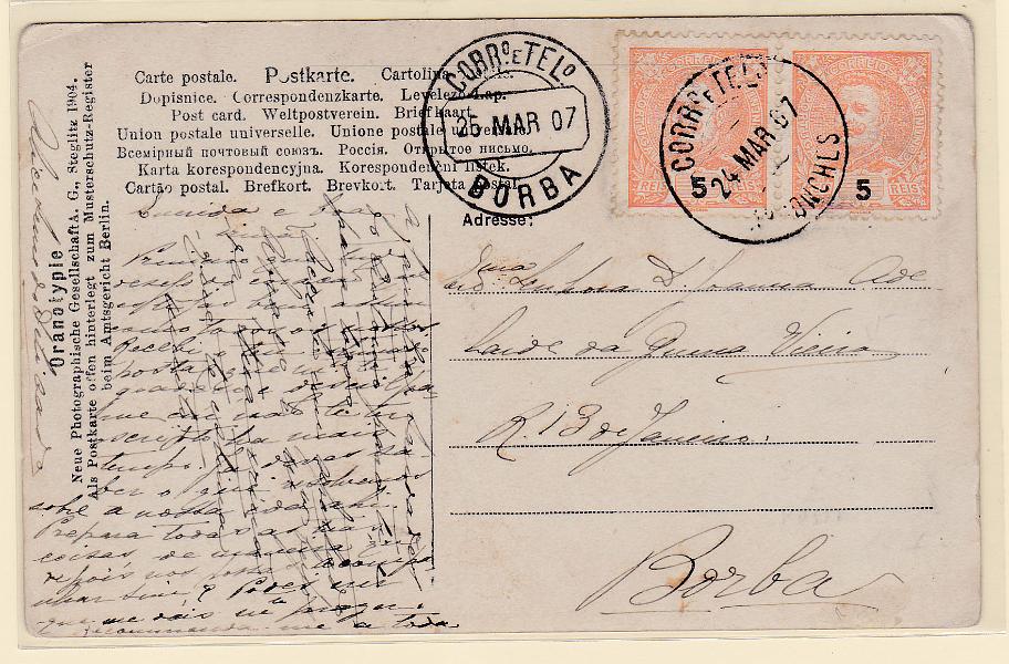 1623.jpg -     Lote:    1623            Portugal       Descrição:         Carimbos circulares datados, tipo 1880. 1895 &mdash; D. Carlos I Mouchon. CE127, 5 reis. Par em postal circulado de Arronches (24.03.07) para Borba. Carimbo a preto ARRONCHES.        PI       Valor Base:     &euro; 6,00     Valor Venda:     Retirado     