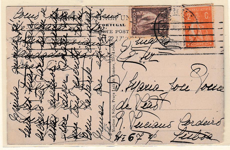 1624.jpg -     Lote:    1624            Portugal       Descrição:         Carimbos circulares datados tipo 1880. 1917 &mdash; Ceres. Postal ilustrados circulado com selos CE221e 223 de Coronado (21.07.20) para Lisboa. Carimbo batido a preto "CORONADO &mdash; S. ROMÃO". Não catalogado.        PI       Valor Base:     &euro; 15,00     Valor Venda:     Retirado     