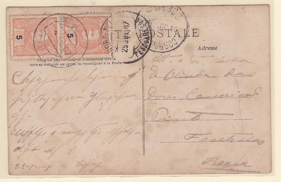 1625.jpg -     Lote:    1625            Portugal       Descrição:         Carimbos circulares datados, tipo 1880. 1895 &mdash; D. Carlos I Mouchon. CE127, 5 reis. Par em postal circulado de Arronches (24.07.07) para Braga. Carimbo a preto ALVARENGA.        PI       Valor Base:     &euro; 8,00     Valor Venda:     &euro; 10,00       