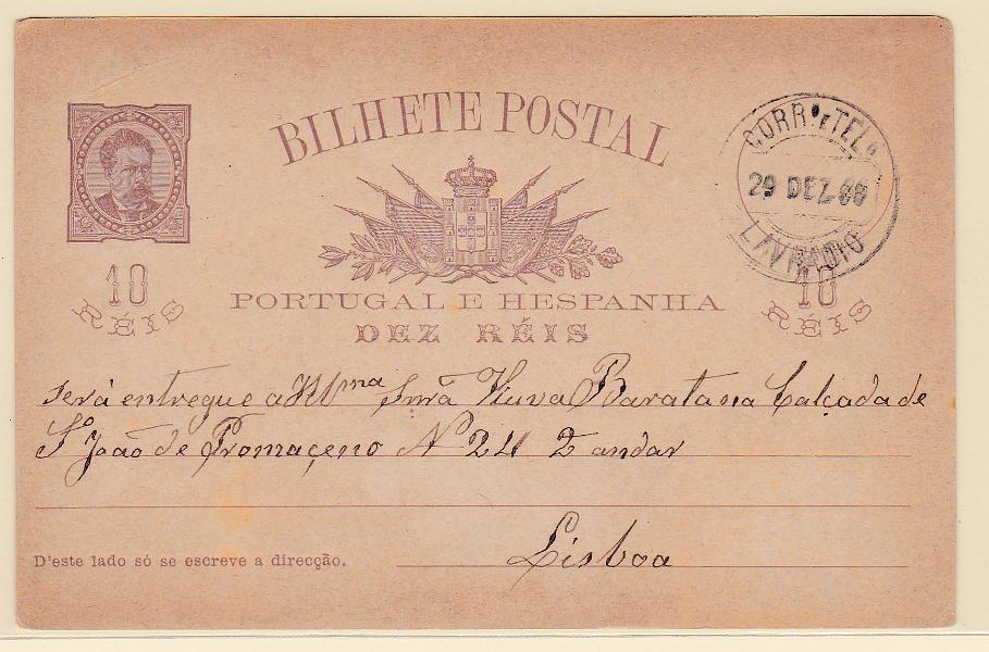 1627.jpg -     Lote:    1627            Portugal       Descrição:         Carimbos circulares datados, tipo 1880. 1884 &mdash; D. Luís I. De frente. OM9, 10 reis. Circulado do Lavradio (29.12.88) para Lisboa. Carimbo a preto do "LAVRADIO".        IC       Valor Base:     &euro; 8,00     Valor Venda:     &euro; 20,00       
