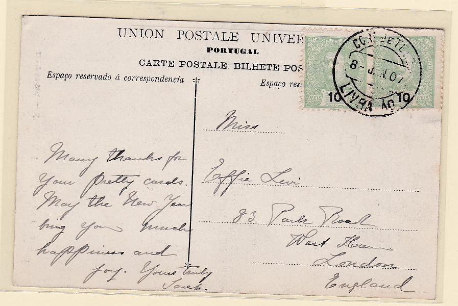 1630.jpg -     Lote:    1630            Portugal       Descrição:         Carimbos circulares datados, tipo 1880. 1895 &mdash; D. Carlos I Mouchon. CE128, 10 reis. Par em postal circulado de Livração (08.01.07) para Londres. Carimbo a preto LIVRAÇÃO.        PI       Valor Base:     &euro; 8,00     Valor Venda:     Retirado     