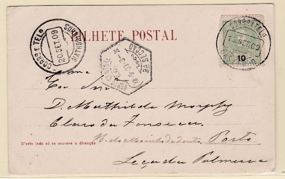 1632.jpg -     Lote:    1632            Portugal       Descrição:         Carimbos circulares datados tipo 1880. 1895/96 &mdash; D. Carlos I Mouchon. CE128, 10 reis em postal ilustrado circulado de Castendo (19.09.09) para o Porto. Carimbo a preto "CASTENDO". Não catalogada por Gordon.        PI       Valor Base:     &euro; 25,00     Valor Venda:     Retirado     