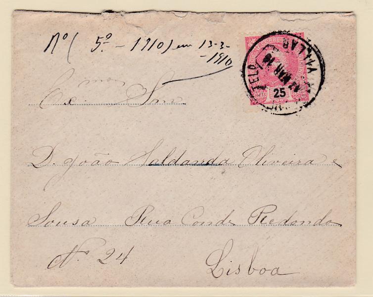 1633.jpg -     Lote:    1633            Portugal       Descrição:         Carimbos circulares datados, tipo 1880. 1898 &mdash; D. Carlos I Mouchon. CE141 em sobrescrito circulado de Vilar (12.03.10) para Lisboa. Carimbo a preto "VILLAR". Raridade Gordon 9        Carta       Valor Base:     &euro; 15,00     Valor Venda:     &euro; 21,00       