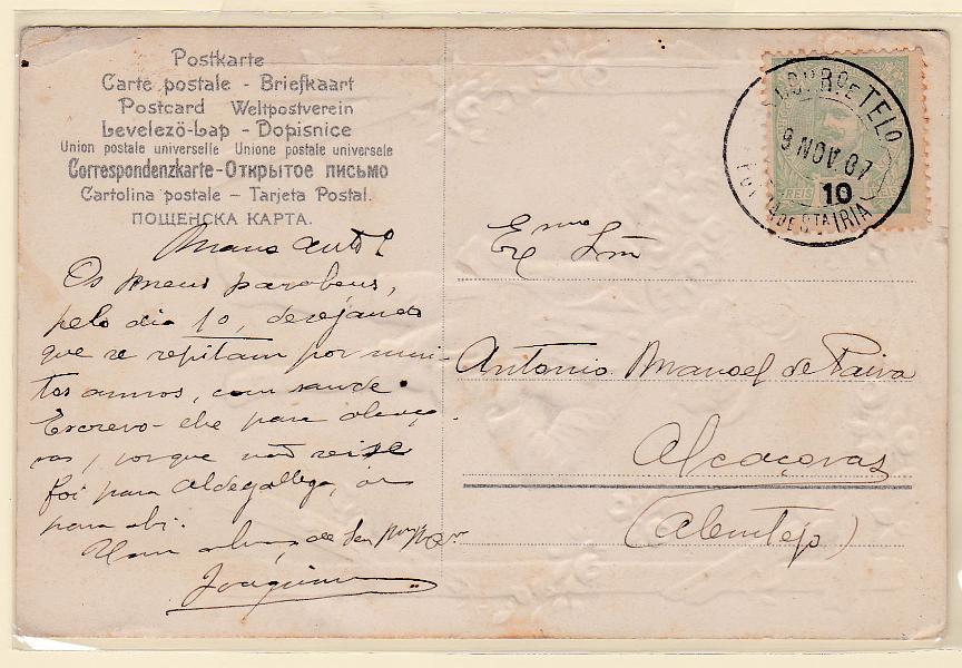 1634.jpg -     Lote:    1634            Portugal       Descrição:         Carimbos circulares datados, tipo 1880. 1895 &mdash; D. Carlos I Mouchon. CE128, 10 reis, em postal circulado de Póvoa de Santa Iria (09.11.07) para Alcáçovas. Carimbo a preto PÓVOA DE STA IRIA.        PI       Valor Base:     &euro; 10,00     Valor Venda:     &euro; 18,00       